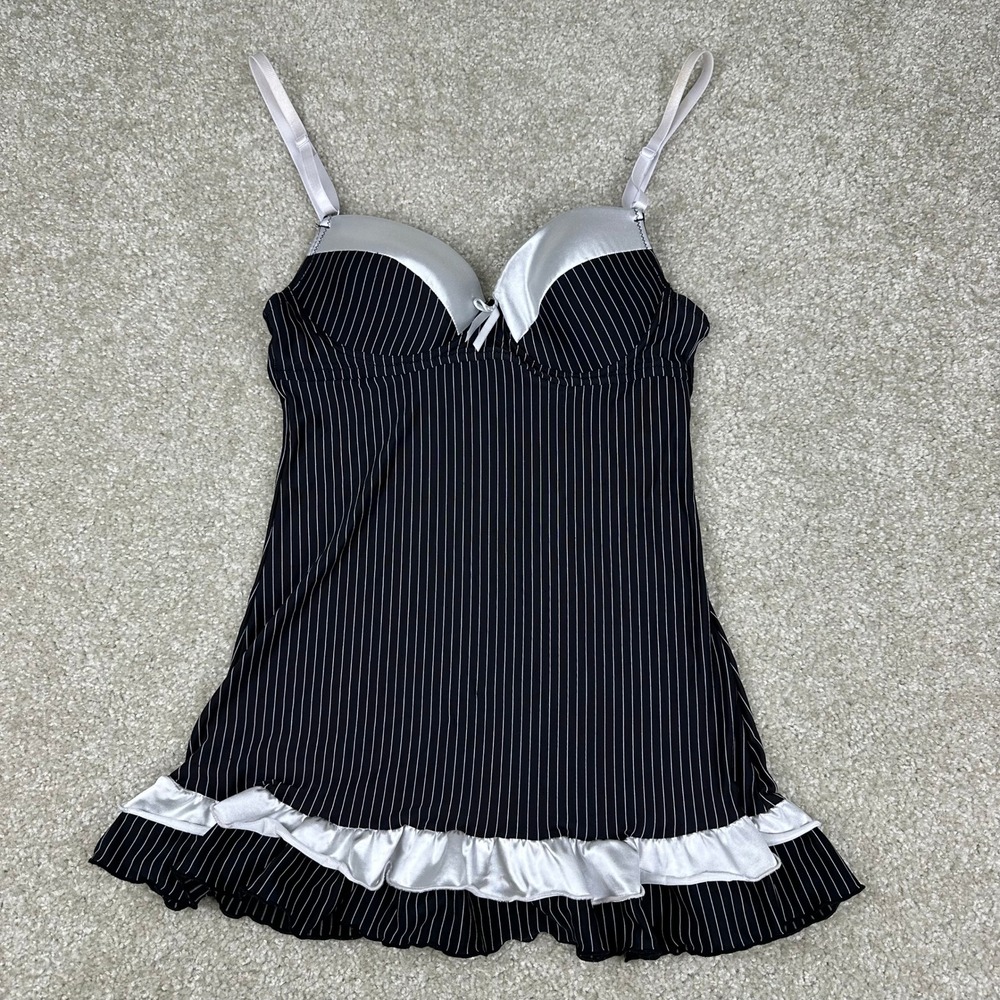 Goth Y2K Native Intimates 36B Pinstripe Babydoll Chemise Black Silver Ruffle